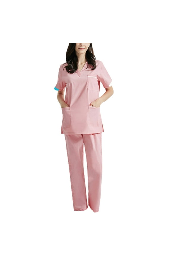 Scrubs For Women Set - Stretch V-Neck Scrub Tops & Wide Leg Pants With Pockets - Easy Care Nurses Uniform 2 Piece Set Pink