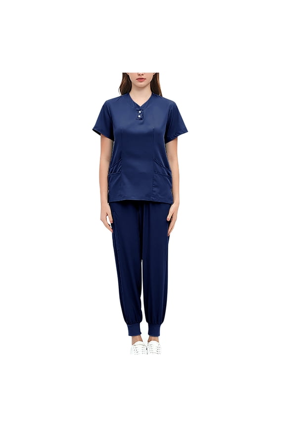 Scrubs For Women Set - Stretch V-Neck Scrub Tops & Jogger Pants With Pockets - Easy Care Nurses Uniform Clinic Carer Protective 2 Piece Set Dark Blue