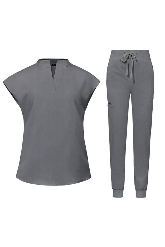 Scrubs For Women Set - Stretch V-Neck Scrub Tops & Jogger Pants With Pockets - Easy Care Nurses Uniform Clinic Carer Protective 2 Piece Set Skin Beauty Salon Surgeon Work Uniform Gray