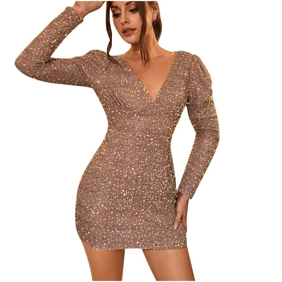 HBYJLZYG Sequins Glitter Bodycon Stretchy Dress - Women's Deep V Neck Long Sleeve Backless Sparkly Slim-Fit Mini Party Dresses