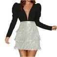 thumbnail image 1 of HBYJLZYG Sequins Glitter Bodycon Stretchy Dresses - Women's Deep V Neck Long Sleeve Backless Sparkly Tassels Patchwork Mini Party Dresses Prom Dresses, 1 of 5