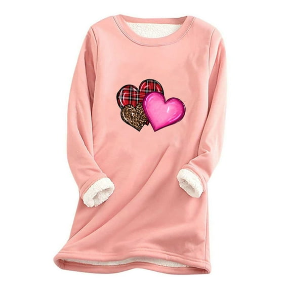 HBYJLZYG Sherpa Fleece Lined Sweatshirt For Women, Valentine's Day Heart Print Plus Size Long Sleeve Tops Crew Neck Casual Thickened Loungewear