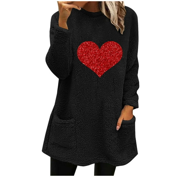 HBYJLZYG Sherpa Fleece Sweatshirt For Women, Glitter Heart Print Valentine's Day Hoodless Womens Long Sleeve Tops Round Neck Pocket Casual Shirts