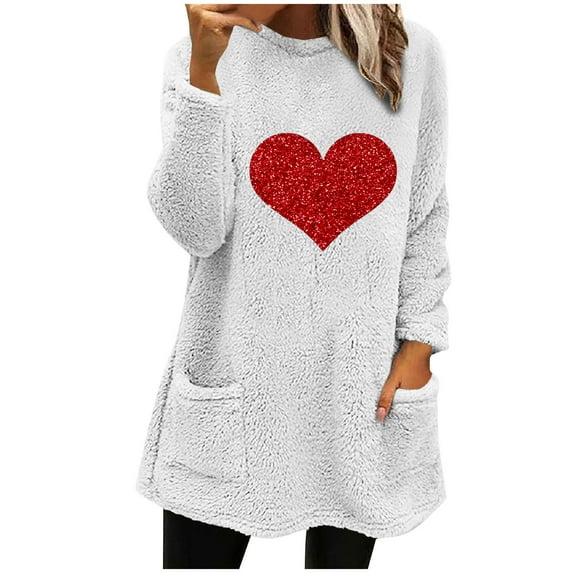 HBYJLZYG Sherpa Fleece Sweatshirt For Women, Glitter Heart Print Valentine's Day Hoodless Womens Long Sleeve Tops Round Neck Pocket Casual Shirts