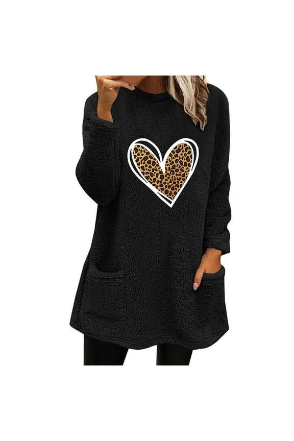 Sherpa Fleece Sweatshirt For Women, Leopard Heart Print Valentine's Day Hoodless Womens Long Sleeve Tops Round Neck Pocket Casual Shirts