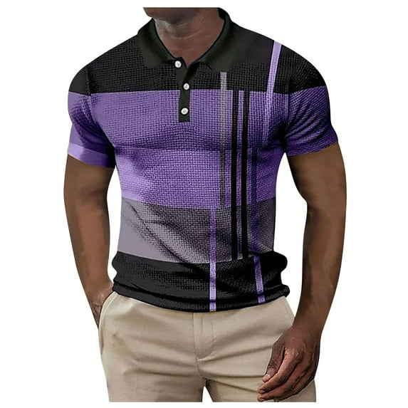 HBYJLZYG Shirts For Men Short Sleeve Casual Loose Button Down T-Shirts Summer Turn Down Collar Striped Print Blouse Tops Purple