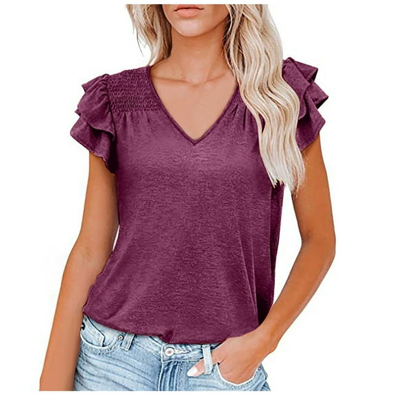 HBYJLZYG Shirts For Women, Short Sleeve Causal V-Neck T-Shirt Solid Ruffle Sleeve Blouse Summer Y2K Clothing 2024
