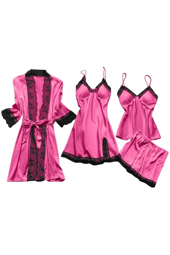 Silk Pajamas For Women 4 Piece Long Sleeve Pajamas Sets Vintage Solid Tank Tops Nightdress Shorts With Robe Loungewear Set