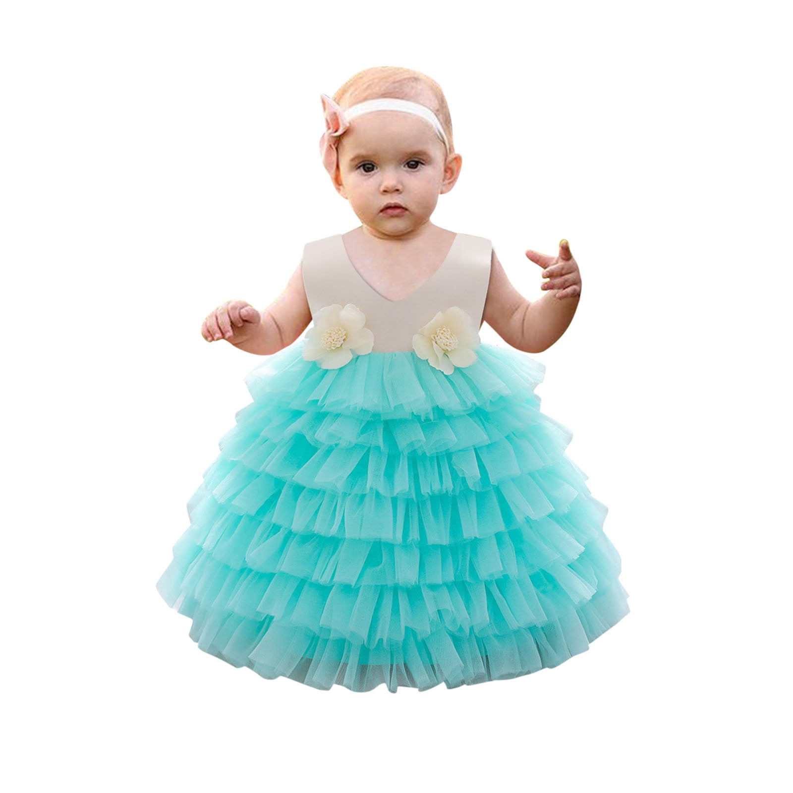 VeraQueen Girl's Off-Shoulder Pageant Dress - Mint Blue, Beaded, Cap Sleeves, Floor-Length Ball Gown For Special Occasions