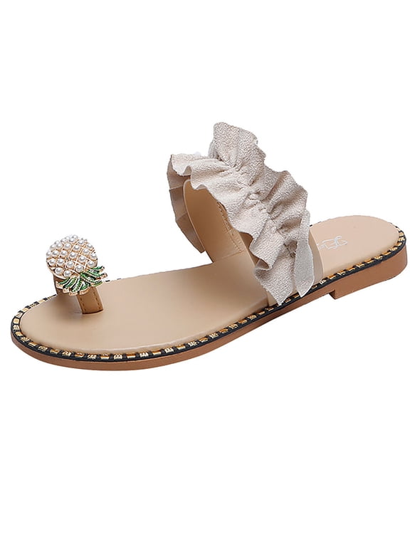 Slide Sandals For Women Casual Summer, Clip Toe Pineapple Sandals Boho Outdoor Casual Beading Flat Slippers Beach Shoes