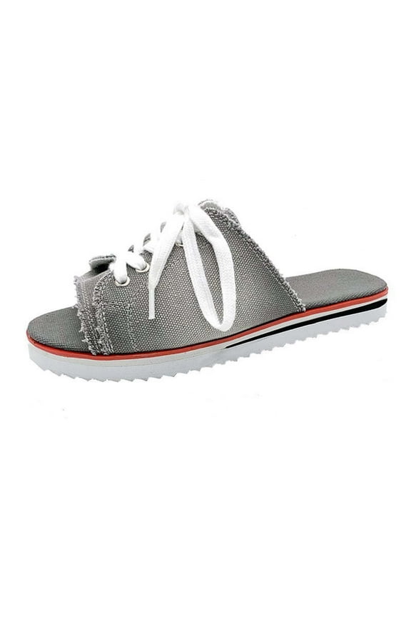 Slide Sandals For Women Summer Casual Comfy Slip On Flat Slippers, Women's Outdoor Summer Open Toe Slippers Lace Up Canvas Beach Sandals