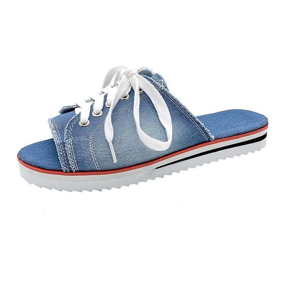 HBYJLZYG Slide Sandals For Women Summer Casual Comfy Slip On Flat Slippers, Women's Outdoor Summer Open Toe Slippers Lace Up Canvas Beach Sandals