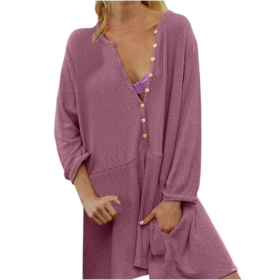 HBYJLZYG Spliced A-Line Dress, Women Fashion Style Long Sleeve Button Dress Solid Color Loose V-Neck Pocket Dress