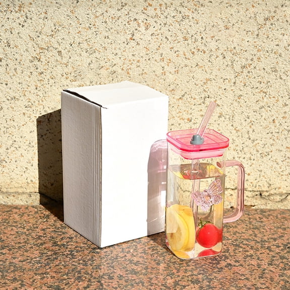 HBYJLZYG Square Glass Tumbler with Handle and Straw, 7"x2.3" 350ml Butterfly Decorated Cup, High Borosilicate Glass for Iced Coffee, Tea, and Beverages, Pink Accents