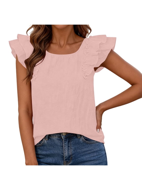 Square Neck Flutter Sleeve Blouse with Back Bow Tie Detail, Relaxed Fit Lightweight Breathable Solid Color Pull-On Blouse, Versatile Casual Everyday Style