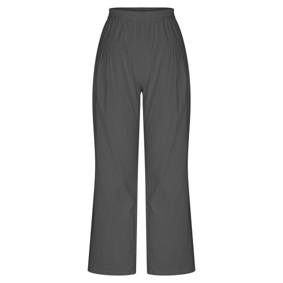 HBYJLZYG Straight Wide Leg Pants, Cotton Linen Pants For Women Solid Color Elastic Waist Versatile Leisure Full Length Pants With Pocket