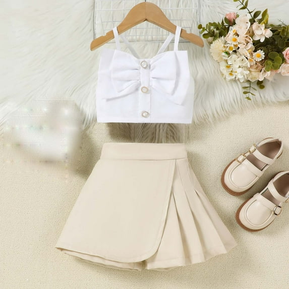 HBYJLZYG Summer Children's Girls Bow Camisole Top with Irregular Leather Skirt Pants Two-Piece Set, Spring Dresses for Women 2025