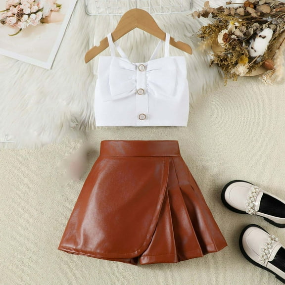 HBYJLZYG Summer Children's Girls Bow Camisole Top with Irregular Leather Skirt Pants Two-Piece Set, Spring Dresses for Women 2025