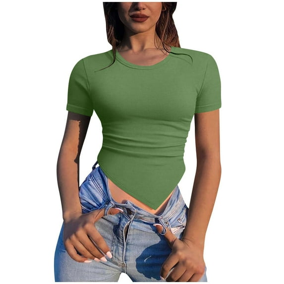 HBYJLZYG Summer Womens Tops Short Sleeve Casual Slim Round Neck T-Shirts Solid Color Irregular Hemline Shirts
