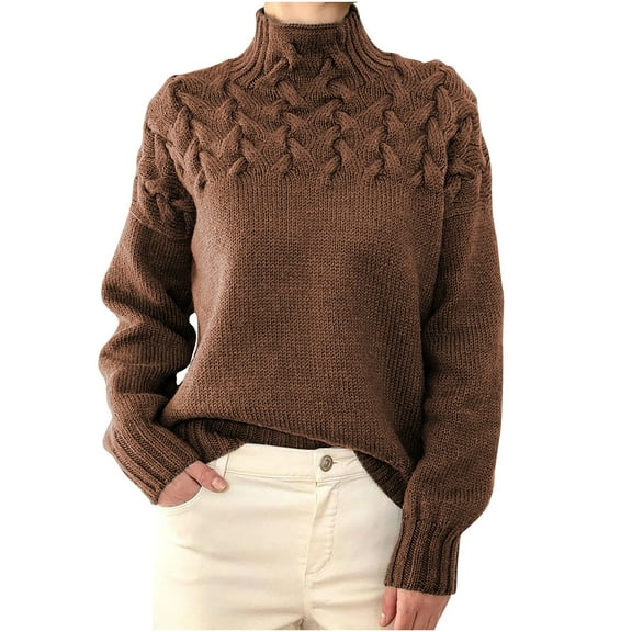 HBYJLZYG Turtleneck Sweaters For Women, Long Sleeve Cable Knit Tops Round-Neck Pullover Solid Color Casual Blouse Tops Fashion Womens Sweaters