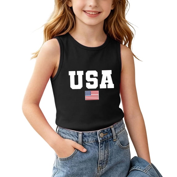 HBYJLZYG USA Flag Tank Top for Boys Girls, 4th of July Sleeveless Patriotic Shirt with American Flag Print, Independence Day Tee for Kids 3-15 Years