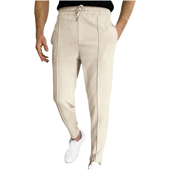 HBYJLZYG Waffle Pants Men, Slim-Fit Drawstring Elastic Straight Leg Sports Casual Full Pants