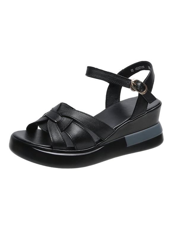Wedge Sandals For Women Dressy Summer, Open Toe Platform Sandals Buckle Ankle Strap Leather Sandals, Casual Walking Strappy Slip On Sandals