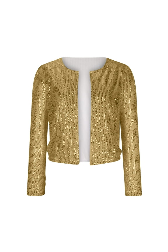 Women Casual Open Front Sequin Jackets Cardigan Glitter Long Sleeve Short Coats Crop Blazer