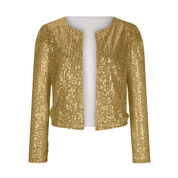 HBYJLZYG Women Casual Open Front Sequin Jackets Cardigan Glitter Long Sleeve Short Coats Crop Blazer