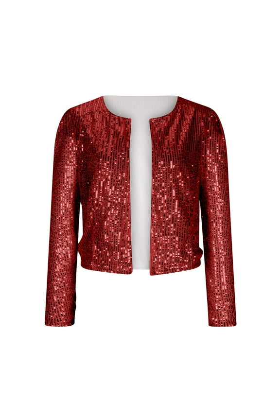 Women Casual Open Front Sequin Jackets Cardigan Glitter Long Sleeve Short Coats Crop Blazer