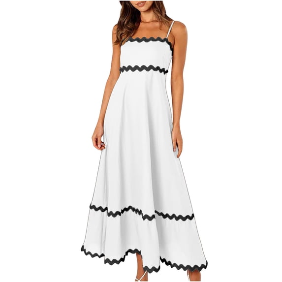 HBYJLZYG Women Summer Dresses 2024 Spaghetti Straps Sleeveless Smocked Rickrack Trim Boho Flowy Loose A-Line Midi Dress
