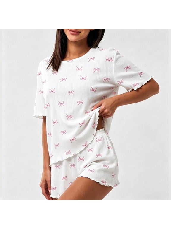 Women's 2-Piece Lounge Set, Crew Neck Short Sleeve Top with Scalloped Trim, Pointelle Knit Relaxed Fit Shorts, Soft Stretch Summer Homewear for Casual Vacation and Everyday Comfort