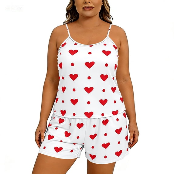 HBYJLZYG Women's 2-Piece Outfit with Spaghetti Strap Tank Top and Shorts, Heart Print, Elastic Waist, Relaxed Loose Fit, Summer Casual Lounge Wear for Plus Size Women