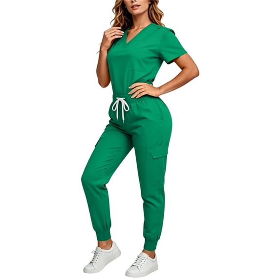 HBYJLZYG Women's 2-Piece Scrub Set with V-Neck Short Sleeve Top and Drawstring Jogger Pants, Cargo Pockets Relaxed Fit Medical Workwear, Comfortable Nurse Uniform for Women