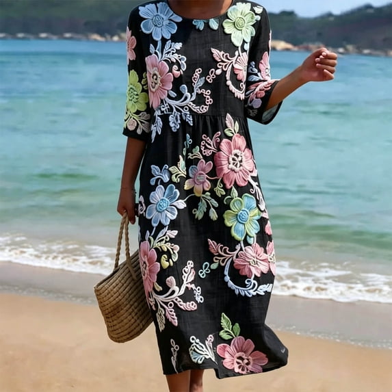 HBYJLZYG Women's 3/4 Sleeve Round Neck Midi Dress with Colorful Floral Applique and Gathered Waist, Summer Vacation Beach Casual Long Dress for Travel and Daily Wear