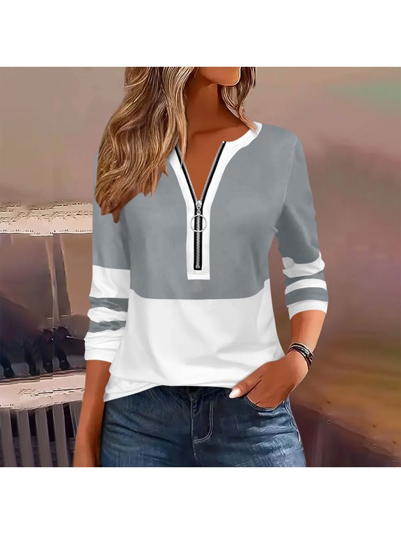 Women's Blouse Half-Zip Collar with Color-Block Design and Striped Sleeve Detail, Relaxed Fit Long Sleeve Casual Top for Spring Fall Vacation Travel Daily Wear