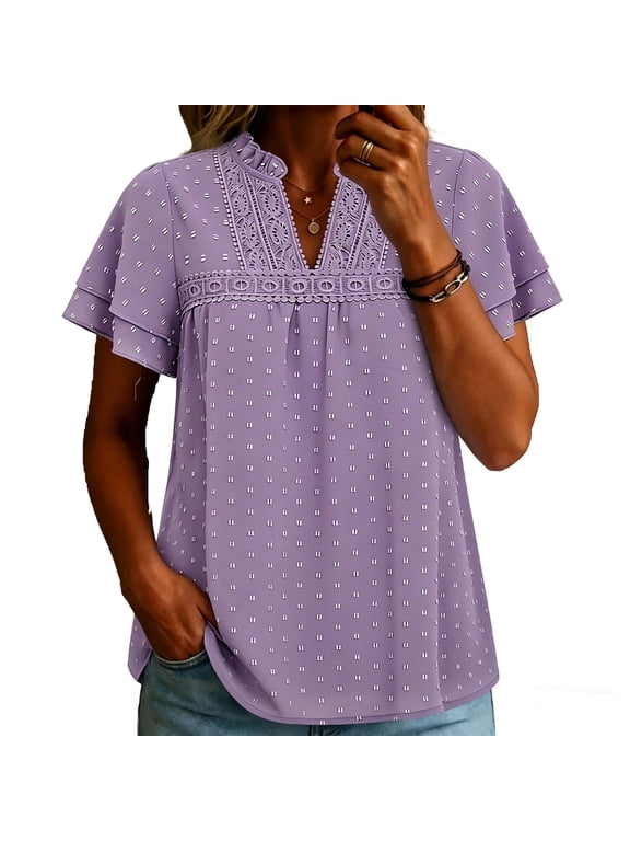 Women's Boho V-Neck Blouse, with Lace Trim and Layered Flutter Sleeves, Relaxed Fit Dotted Print Casual Top for Summer Vacation and Daily Wear