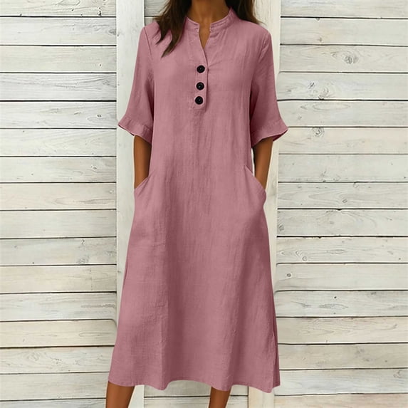 HBYJLZYG Women's Button Down Cotton Linen Midi Dress, Short Sleeve V Neck Relaxed Fit Summer Casual Dress with Pockets, Comfortable Vacation Travel Outfit