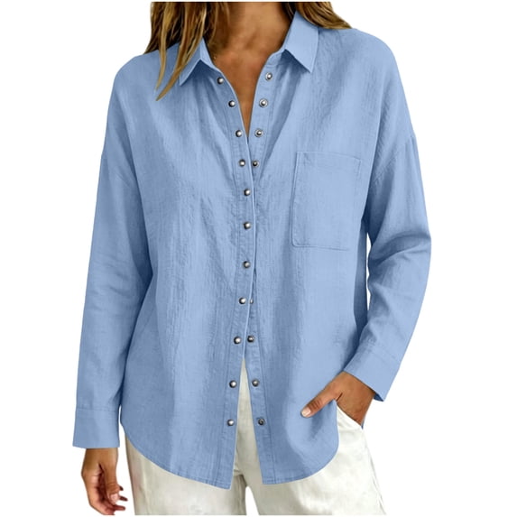 HBYJLZYG Women's Button-Up Shirt, Snap Front with Chest Pocket and Curved Hem, Relaxed Fit Cotton Linen for Daily