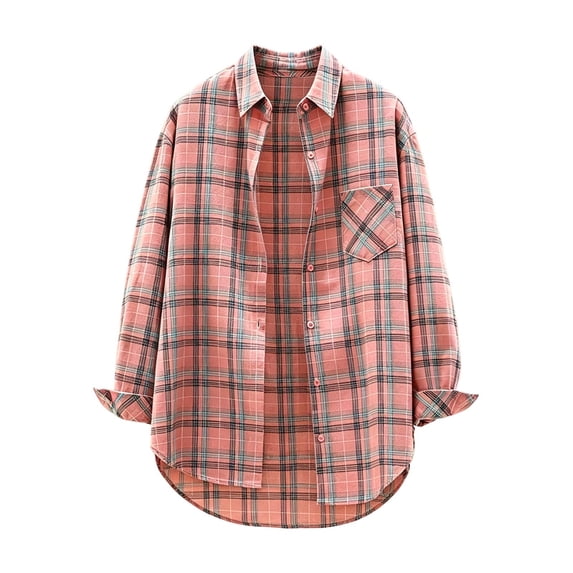 HBYJLZYG Women's Button-Up Shirts, Plaid Pattern, Chest Pocket, Long Sleeve, Relaxed Fit, Curved Hem for Fall