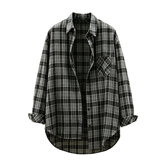 HBYJLZYG Women's Button-Up Shirts, Plaid Pattern, Chest Pocket, Long Sleeve, Relaxed Fit, Curved Hem for Fall