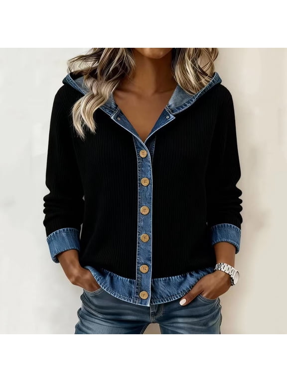 Women's Cardigan with Denim Patchwork Trim, Button Down Hooded Long Sleeve Relaxed Fit Ribbed Knit Casual Fall Outerwear Tops for Women Everyday Wear