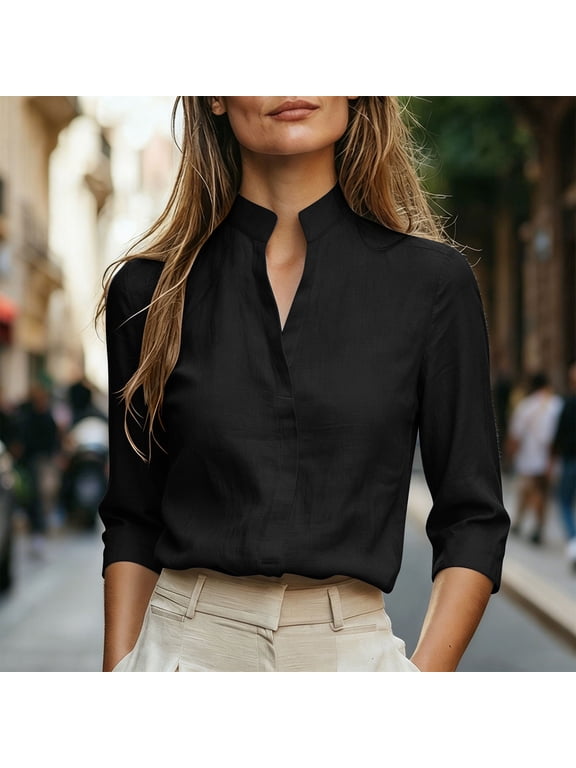 Women's Casual Blouse, Mandarin Collar with V-Neck Split Front, 3/4 Sleeve Relaxed Loose Fit, Solid Color Top for Office Work, Summer Vacation, and Everyday Wear