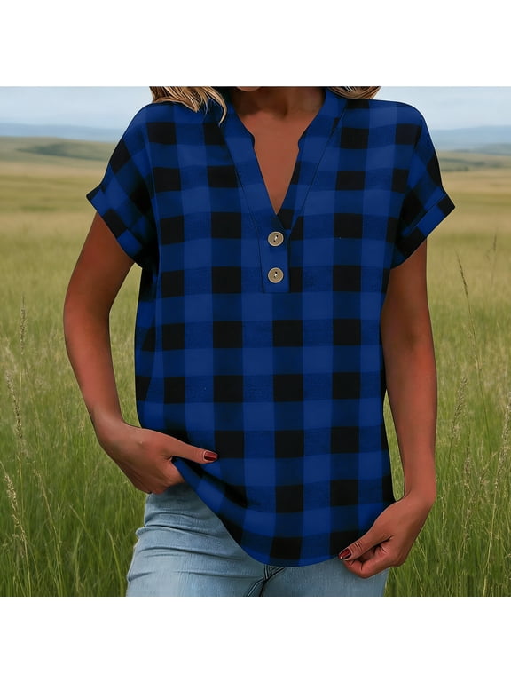 Women's Casual Blouses & Tops, Classic Buffalo Check Pattern with Two-Button V-Neck Detail, Short Rolled Sleeve Relaxed Fit Shirt for Summer Vacation and Daily Wear
