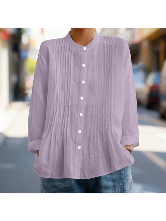 Women's Casual Blouses & Tops, Mandarin Collar with Vertical Pleated Design, Long Sleeve Button-Down Shirt, Soft Cotton Linen Blend, Relaxed Fit Summer Top for Vacation.
