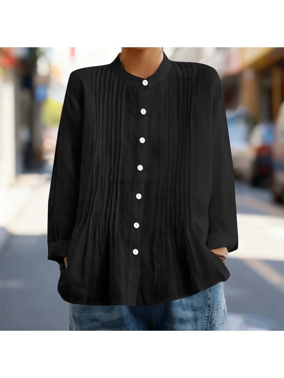 Women's Casual Blouses & Tops, Mandarin Collar with Vertical Pleated Design, Long Sleeve Button-Down Shirt, Soft Cotton Linen Blend, Relaxed Fit Summer Top for Vacation.