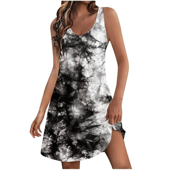 HBYJLZYG Women's Casual Sundresses With Pockets Summer Tie-Dye Boho Sleeveless Beach T-Shirts Dress V Neck Flowy Tank Top Dresses