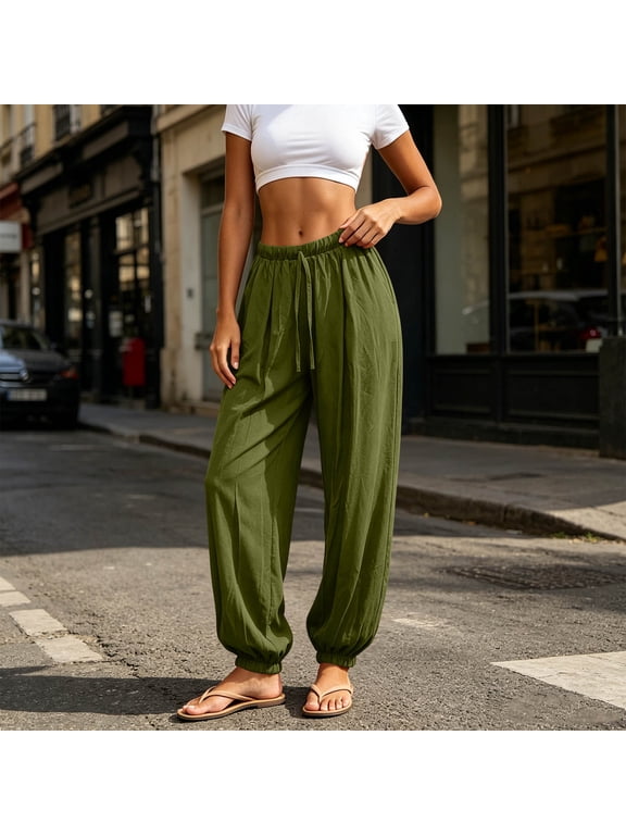 Women's Cotton Linen Drawstring Harem Pants with Pockets, Loose Fit Elastic Waist Jogger Trousers, Casual Summer Beach Vacation Travel Essential