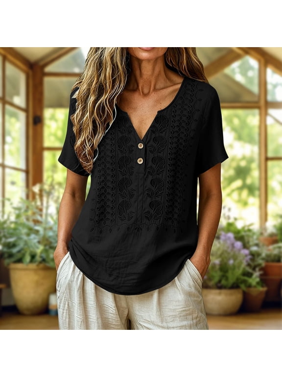 Women's Cotton Linen Embroidery Blouse with Floral Scallop Stitching and Button V-Neck, Short Sleeve Relaxed Fit Casual Top for Summer Vacation and Daily Wear