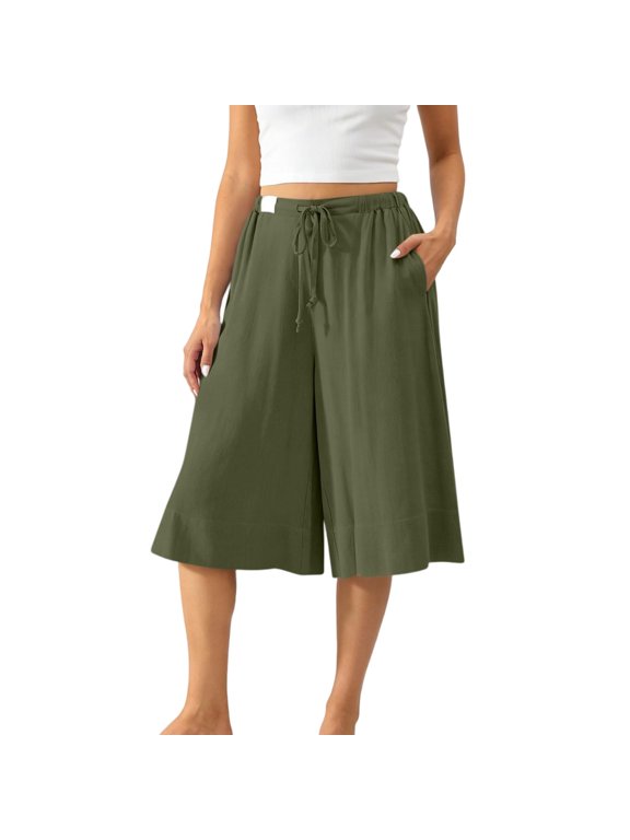 Women's Cotton Linen Wide Leg Culottes with Drawstring Waist and Pockets, Relaxed Fit Summer Cropped Pants with Side Pockets for Everyday Wear and Vacation